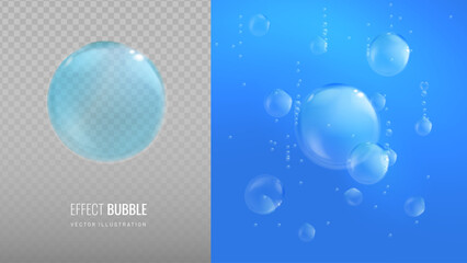 Water bubbles on transparent background vector illustration. A set of air bubbles under water of different sizes. Realistic light effect of fizzing soda and oxygen pattern