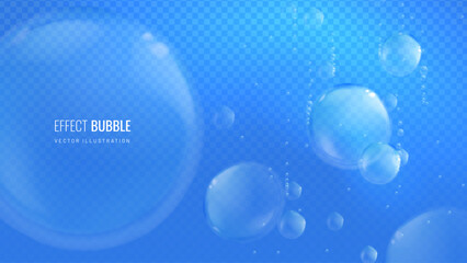 Water bubbles on transparent background vector illustration. A set of air bubbles under water of different sizes. Realistic light effect of fizzing soda and oxygen pattern