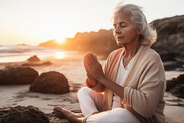 Fototapeta na wymiar Senior wellness: senior woman enjoying yoga on the beach
