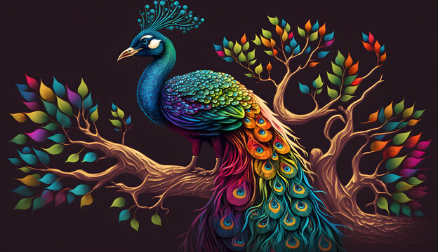 Beautiful Peacok on the tree, created using Generative AI Technology