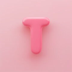 3D Pink uppercase letter T with a glossy surface on a pink background.