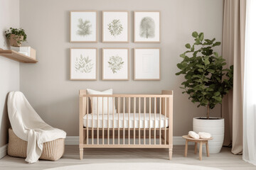 Modern Minimalist Bright Nursery Room with Picture Frames