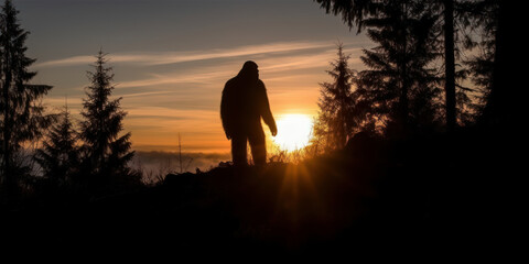 Bigfoot silhouette at sunrise. Generative AI