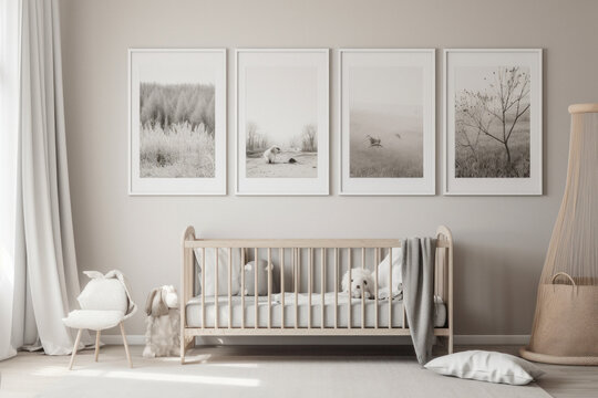 Modern Minimalist Bright Nursery Room with Picture Frames