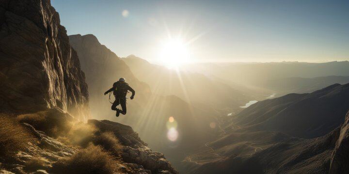 Leap of Adventure: Base jumper jumping from mountain cliff. Generative AI