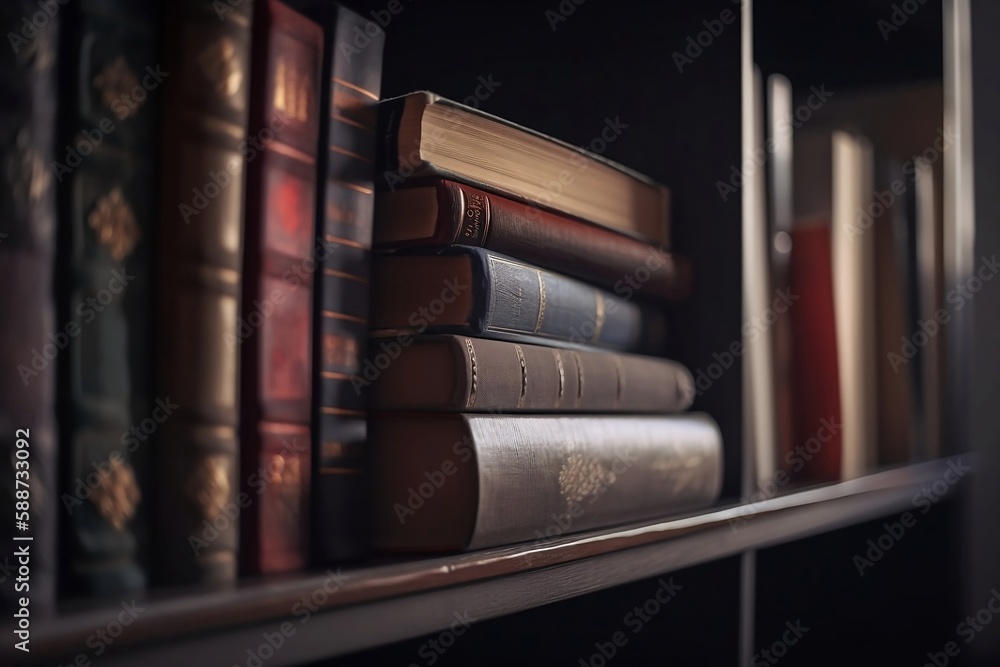Poster stacked knowledge. education and books on library bookshelf with blurred background