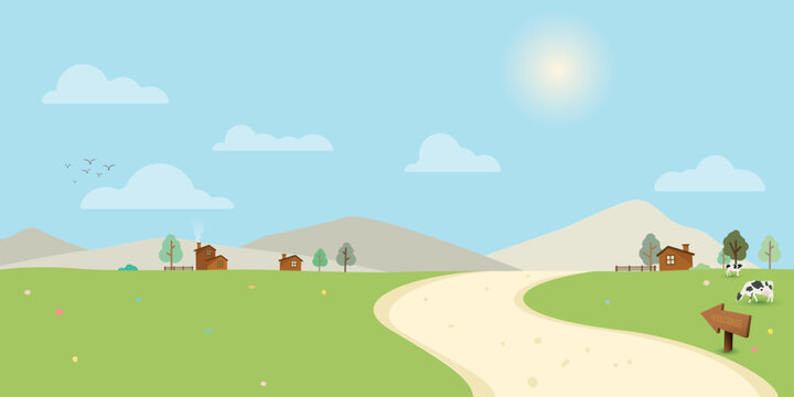 Local road through the village to hills at countryside landscape in sunny day vector illustration. Livestock farm and house on hill with clear sky in summer season.