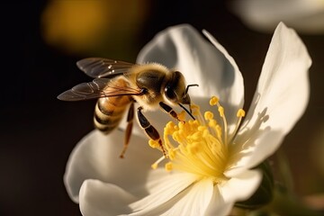 A close-up of a honey bee pollinating a flower. Generative AI