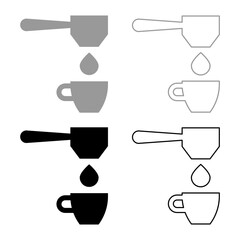 Coffee drop in cup filtering cuping portafilter drip set icon grey black color vector illustration image solid fill outline contour line thin flat style