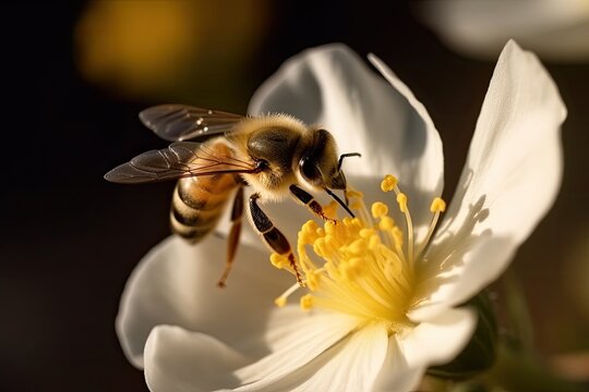A close-up of a honey bee pollinating a flower. Generative AI