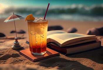 a drink and a book on a sandy beach with an umbrella. generative ai