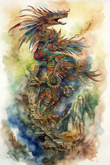 Aztec God of Wind and Wisdom in Watercolor Generative AI