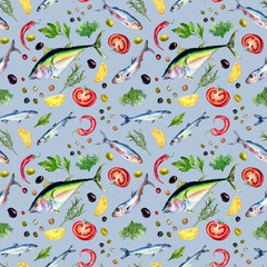 Naklejka premium Seamless pattern of tuna, sardine and herbs watercolor isolated on blue.