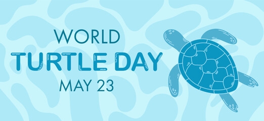 Banner for World Turtle Day. Turtle on blue water abstract background with waves. Hand drawn flat illustration.