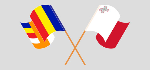 Crossed and waving flags of Buddhism and Malta