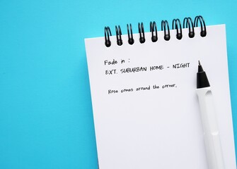 Pen and  notebook with screenwriting scene written, on blue copy space background.  Concept of ...