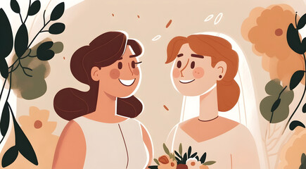 White gay lesbians getting married, bride and bride, illustration of wedding ceremony, white newly weds in wedding ceremony wearing traditional dress in love.