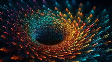 Illustration of a mesmerizing spiral of colorful lights glowing in the darkness created with Generative AI technology