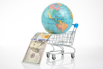 earth world globe in a grocery basket with dollars on a white background. the concept of the sale of land resources. worldwide sales business