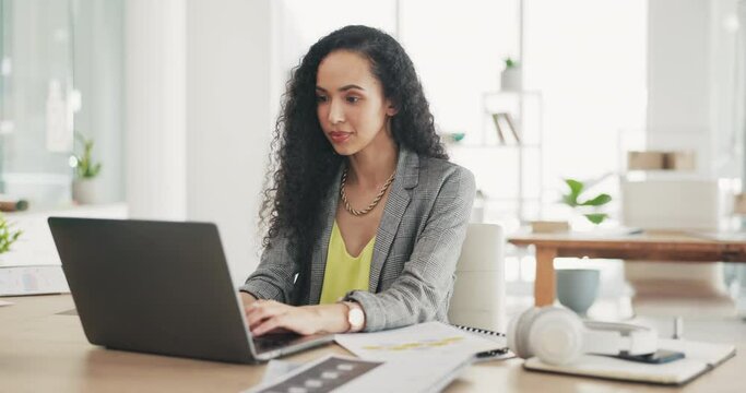Laptop, document and businesswoman typing in her office while working on a corporate project. Magic, professional and female wizard employee with a file, paperwork and computer in the workplace.