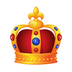 Golden 3d crown with French lily and diamonds. Coronation clipart element. Isolated vector and PNG illustration on transparent background.