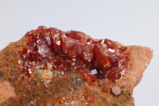 Red crystals of vanadinite.  Vanadinite is a phosphate mineral and one of the main industrial ores of the metal vanadium