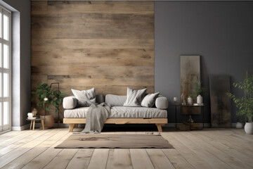 Rustic Minimalistic Living Room with Empty Blank Walls