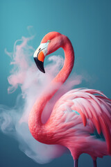 Fototapeta premium Portrait of a flamingo with a colourful smoke cloud. Abstract creative animal. Generative ai
