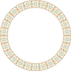 Oriental round frame with arabesques and floral motifs. Copy space. Vector clip art.