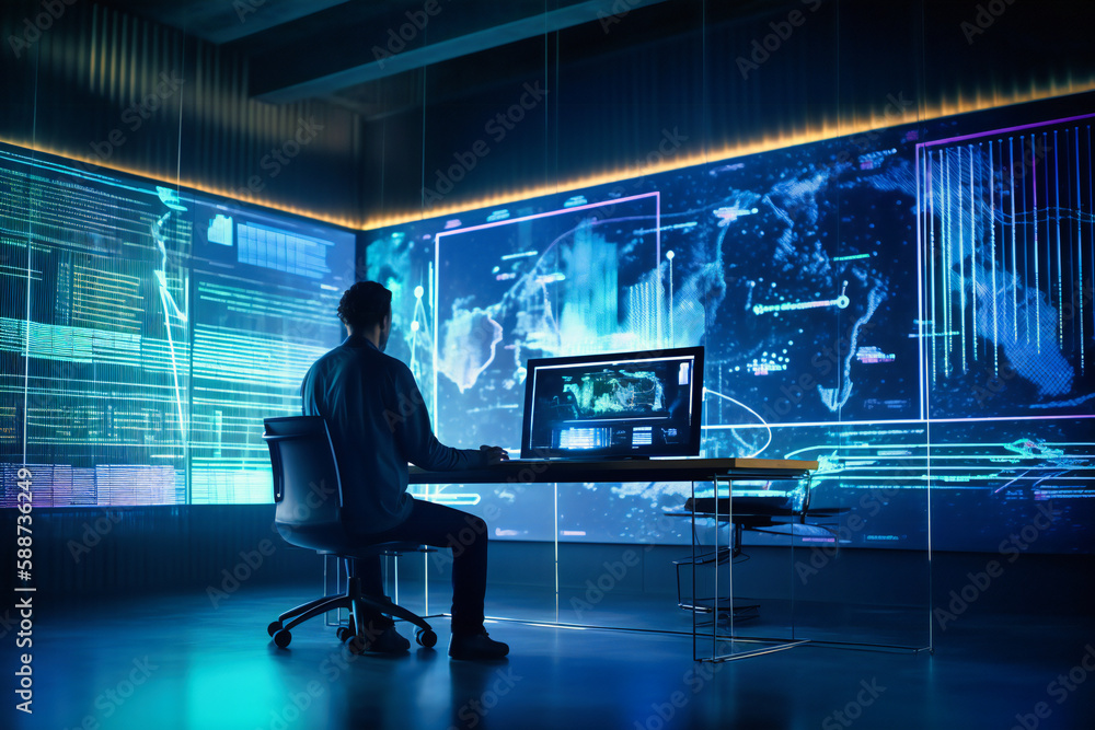 Poster businessman analyzing charts and graphs on a futuristic display in a business setting.