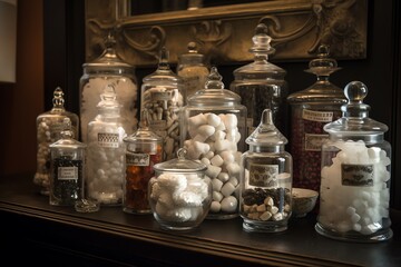Apothecary jars. Old pharmacy jars. Concept of aromatherapy, homeopathy, alternative medicine. Generative AI