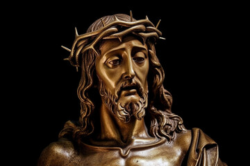 Jesus Christ golden or gold statue with thorns. Christianity messiah or saviour most important figure. Crucifiction and resurrection religious faith symbol. Ai generated