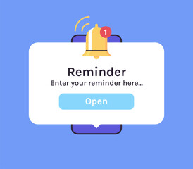 Smartphone with alarm clock reminder message on screen and new notice on smartphone screen view, alert notification bell concept flat illustration.	
