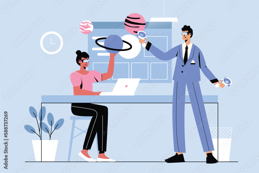 Poster cyberspace blue concept with people scene in the flat cartoon style. two workers testing new gadgets