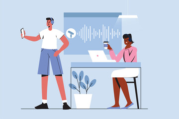 Podcast blue concept with people scene in the flat cartoon style. Two radio hosts are recording a podcast in the studio. Vector illustration.