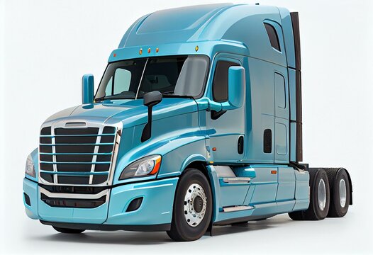 Big truck Freightliner Cascadia with blue cab Isolated on a white background. Generative AI