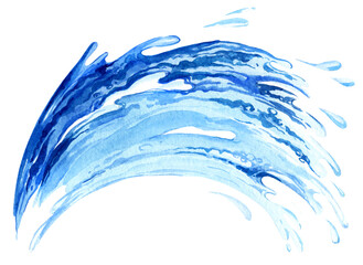 Obraz premium watercolor illustration of stream of water, blue splash and drops, sketch isolated on white background