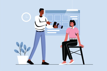 Photo studio blue concept with people scene in the flat cartoon style. Photographer shows the girl the photos he took in the photo studio. Vector illustration.