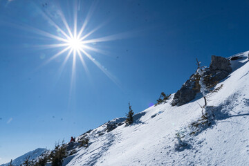 skiers on top of the mountain,  Piatra Craiului Mountains, Romania 