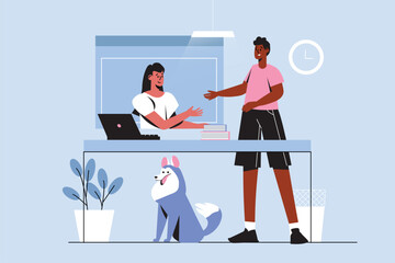 Video chatting blue concept with people scene in the flat cartoon style. Two friends met after chatting in a video chat. Vector illustration.