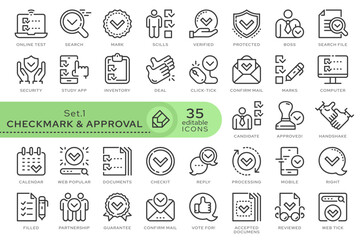 Set of conceptual icons. Vector icons. Set from the series - Approval and Checkmark. Editable outline icon.. Web icons in outline linear style..	 	