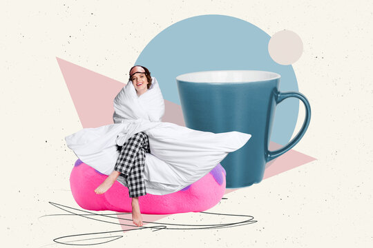 Photo creative collage of young girl sitting bean bag wrapped soft blanket sleepy good morning drink coffee isolated on drawn background