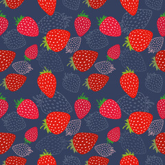 Seamless vector pattern with red strawberries on a blue background in a flat style. Ideal for print, wrapping paper, wallpaper, fabric, design.