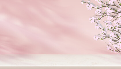 3D Product Display background,Podium Marble texture floor with Cherry Blossom on wall,Horizon Studio scene with Pink Sakura flower on empty wall,Vector Backdrop banner for cosmetic presentation