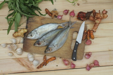 Raw mackerel fish with ingredients for cookingSelective focus. Top view.
