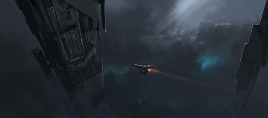 Spaceship shuttles between space buildings that pierce into the sky, 3D illustration. © liuzishan