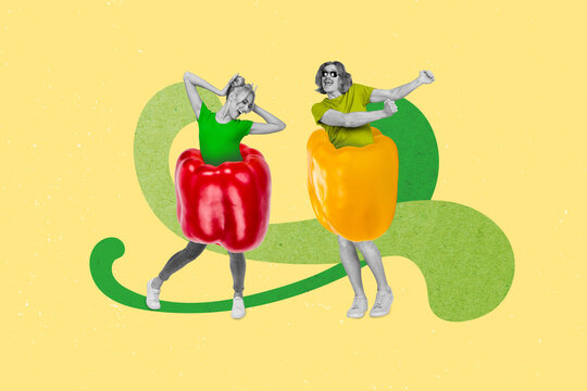 Artwork collage picture of two overjoyed mini black white gamma people inside big paprika pepper dancing isolated on creative background