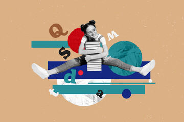 Collage picture of positive smart black white effect girl hold hug pile stack book big letters...