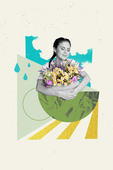 Vertical collage image of lovely positive black white gamma girl hands hold fresh flowers painted...