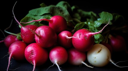 radishes on dark background, organic, close up, generative AI